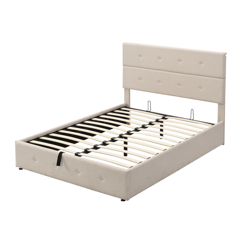 Upholstered Platform Bed with Underneath Storage,Full Size,Beige - Supfirm