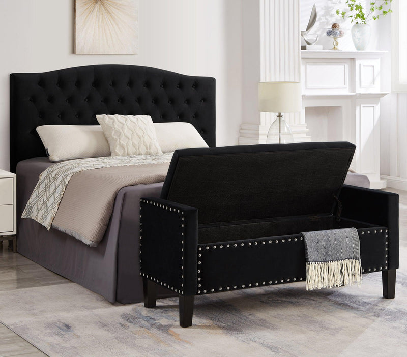 Upholstered Tufted Button Storage Bench with nails trim,Entryway Living Room Soft Padded Seat with Armrest,Bed Bench-Black - Supfirm