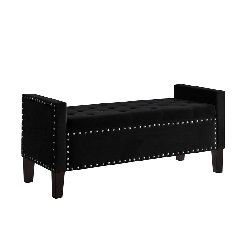 Upholstered Tufted Button Storage Bench with nails trim,Entryway Living Room Soft Padded Seat with Armrest,Bed Bench-Black - Supfirm