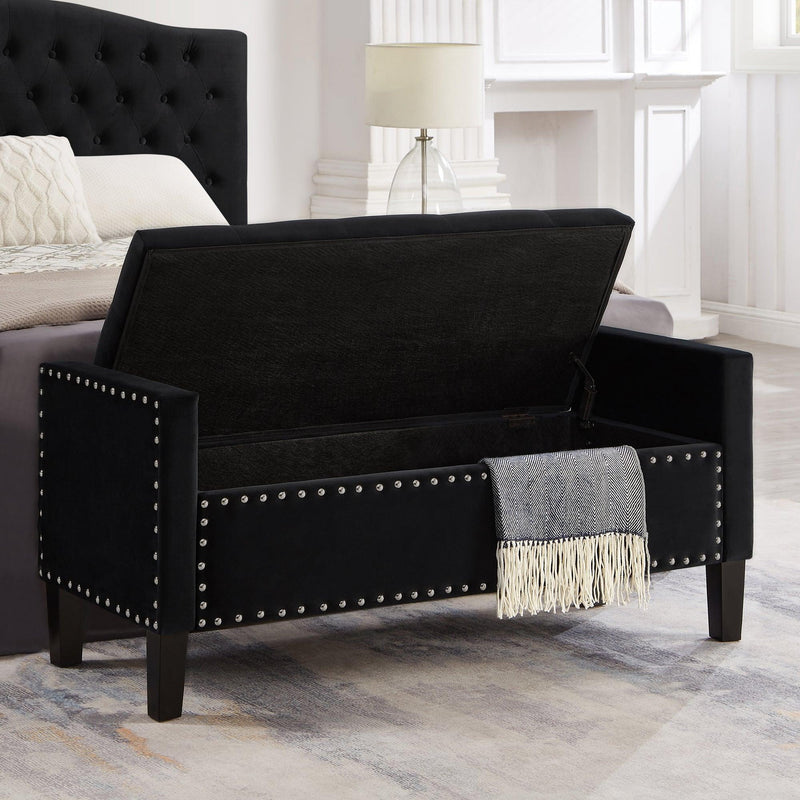 Upholstered Tufted Button Storage Bench with nails trim,Entryway Living Room Soft Padded Seat with Armrest,Bed Bench-Black - Supfirm