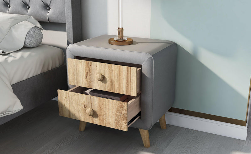 Upholstered Wooden Nightstand with 2 Drawers,Fully Assembled Except Legs and Handles,Bedside Table with Rubber Wood Leg-Gray - Supfirm