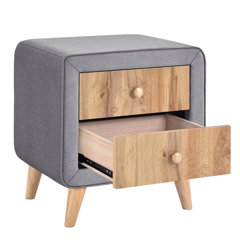 Upholstered Wooden Nightstand with 2 Drawers,Fully Assembled Except Legs and Handles,Bedside Table with Rubber Wood Leg-Gray - Supfirm