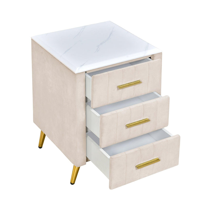 Upholstered Wooden Nightstand with 3 Drawers and Metal Legs&Handles,Fully Assembled Except Legs&Handles,Bedside Table with Marbling Worktop - Beige - Supfirm