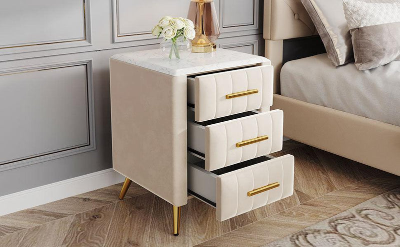 Upholstered Wooden Nightstand with 3 Drawers and Metal Legs&Handles,Fully Assembled Except Legs&Handles,Bedside Table with Marbling Worktop - Beige - Supfirm