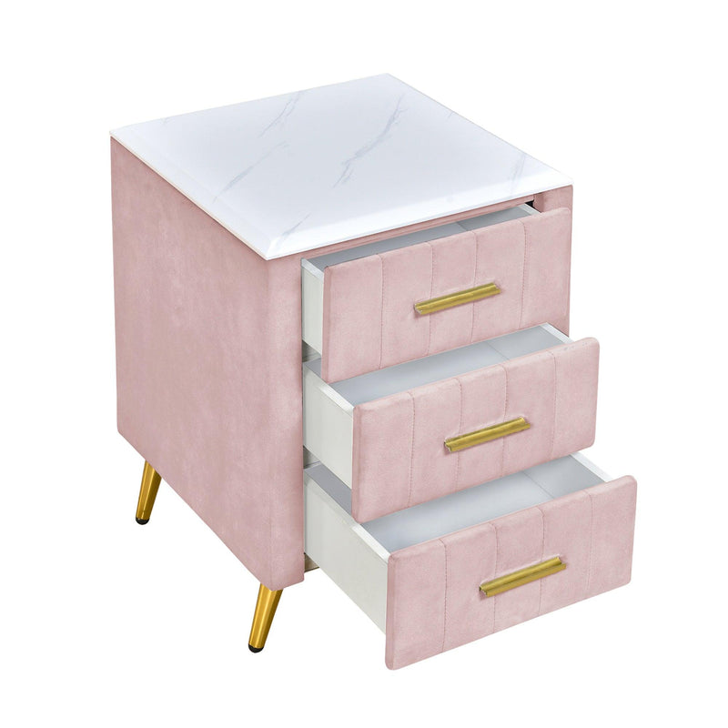 Upholstered Wooden Nightstand with 3 Drawers and Metal Legs&Handles,Fully Assembled Except Legs&Handles,Bedside Table with Marbling Worktop - Pink - Supfirm