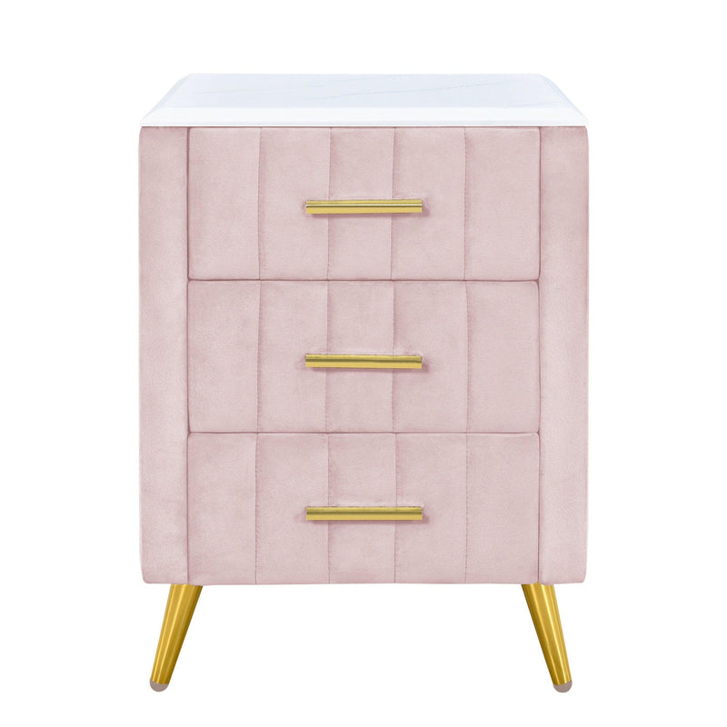 Upholstered Wooden Nightstand with 3 Drawers and Metal Legs&Handles,Fully Assembled Except Legs&Handles,Bedside Table with Marbling Worktop - Pink - Supfirm