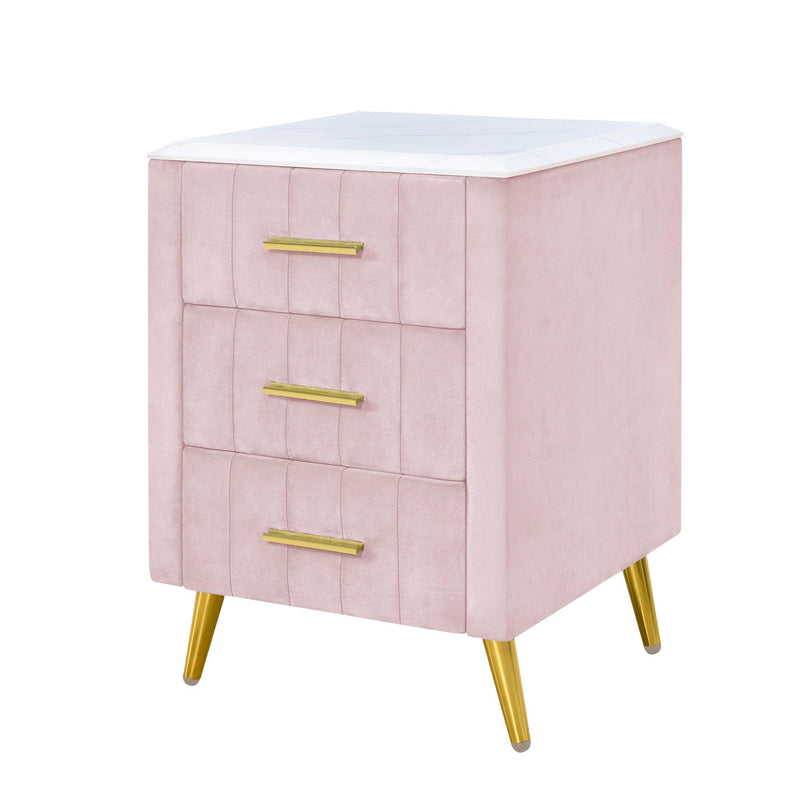 Upholstered Wooden Nightstand with 3 Drawers and Metal Legs&Handles,Fully Assembled Except Legs&Handles,Bedside Table with Marbling Worktop - Pink - Supfirm