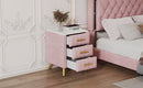 Upholstered Wooden Nightstand with 3 Drawers and Metal Legs&Handles,Fully Assembled Except Legs&Handles,Bedside Table with Marbling Worktop - Pink - Supfirm