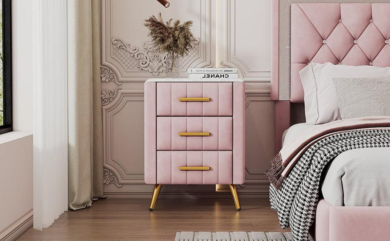 Upholstered Wooden Nightstand with 3 Drawers and Metal Legs&Handles,Fully Assembled Except Legs&Handles,Bedside Table with Marbling Worktop - Pink - Supfirm