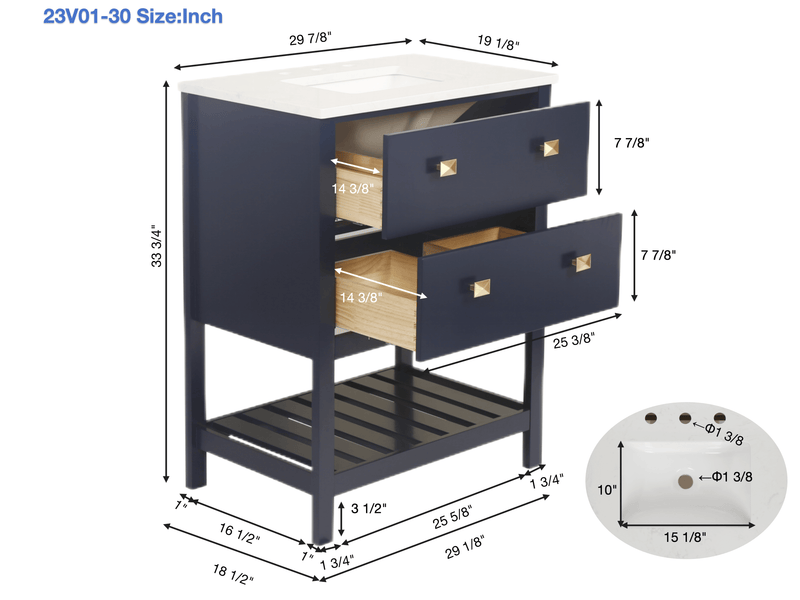 Vanity Sink Combo featuring a Marble Countertop, Bathroom Sink Cabinet, and Home Decor Bathroom Vanities - Fully Assembled Blue 30-inch Vanity with Sink 23V01-30NB - Supfirm