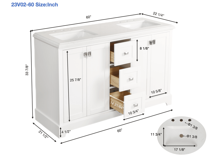 Vanity Sink Combo featuring a Marble Countertop, Bathroom Sink Cabinet, and Home Decor Bathroom Vanities - Fully Assembled White 60-inch Vanity with Sink 23V02-60WH - Supfirm