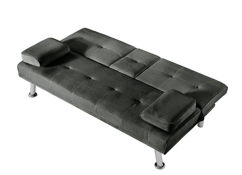 Velvet Upholstered Modern Convertible Folding Futon Sofa Bed Removable Armrests, Metal Feet with 2 Cup Holders - Supfirm