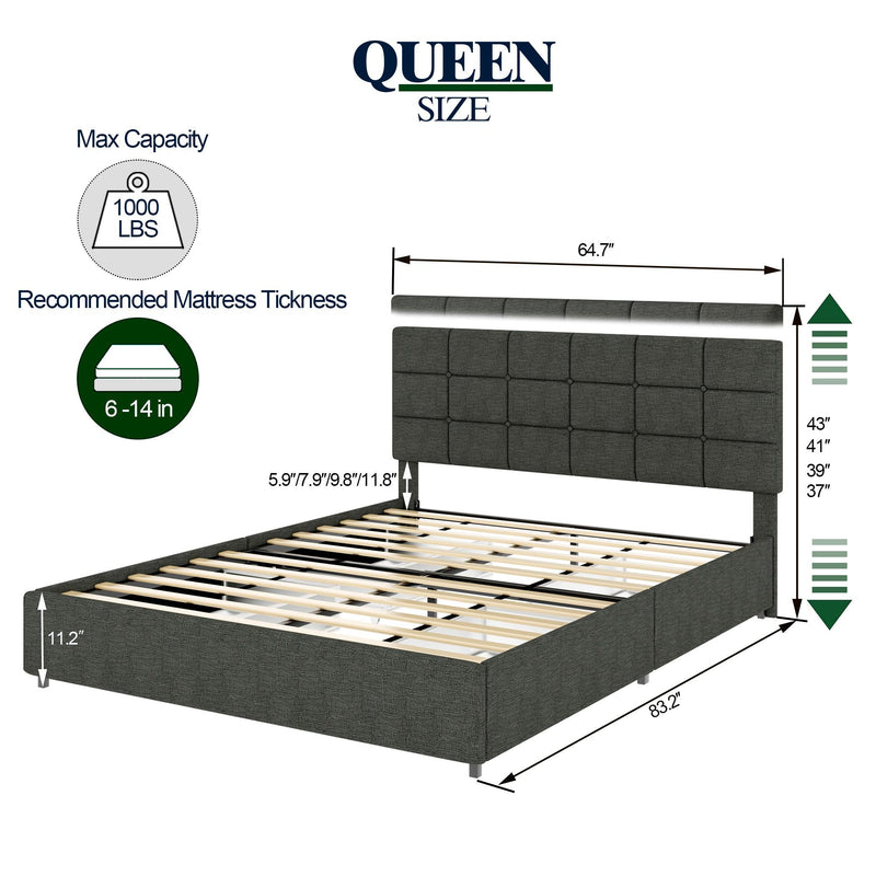 Vera Queen Size Gray Linen Upholstered Platform Bed with Patented 4 Drawers Storage, Square Stitched Button Tufted Headboard, Wooden Slat Mattress Support No Box Spring Required - Supfirm