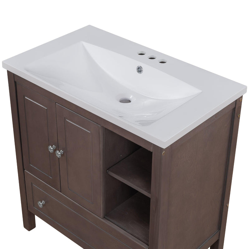 [VIDEO] 30" Bathroom Vanity with Sink, Bathroom Storage Cabinet with Doors and Drawers, Solid Wood Frame, Ceramic Sink, Brown (OLD SKU: JL000002AAD) - Supfirm