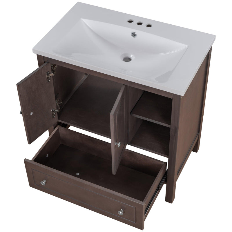 [VIDEO] 30" Bathroom Vanity with Sink, Bathroom Storage Cabinet with Doors and Drawers, Solid Wood Frame, Ceramic Sink, Brown (OLD SKU: JL000002AAD) - Supfirm