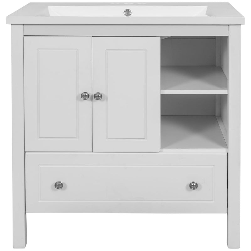 [VIDEO] 30" Bathroom Vanity with Sink, Bathroom Storage Cabinet with Doors and Drawers, Solid Wood Frame, Ceramic Sink, White - Supfirm