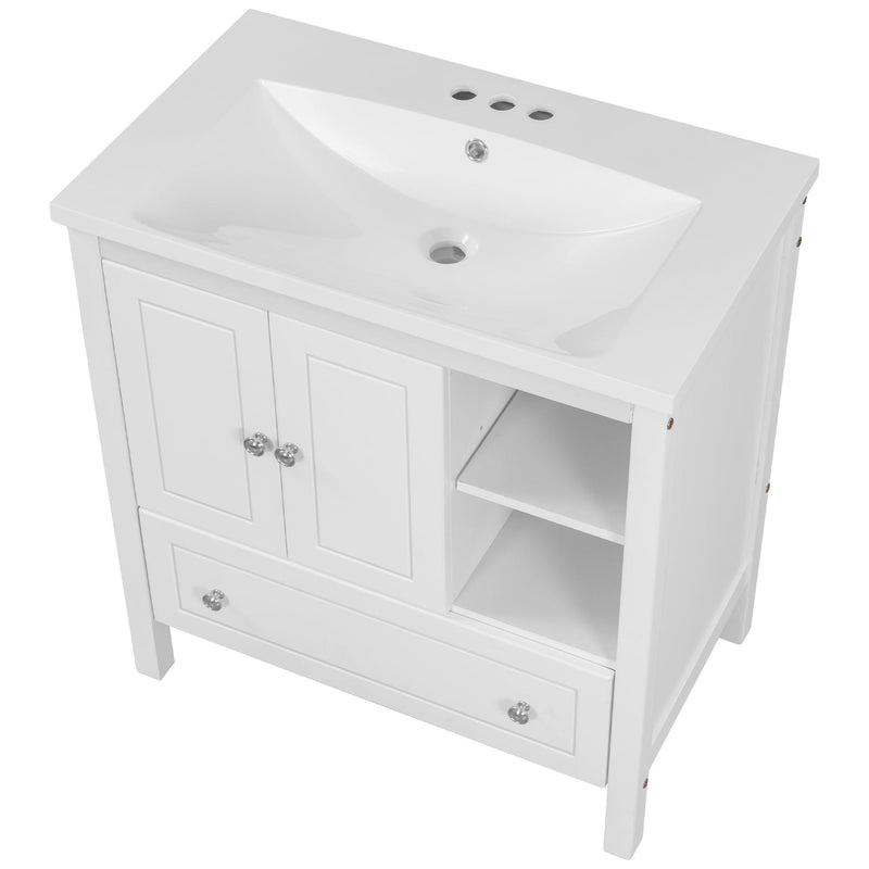 [VIDEO] 30" Bathroom Vanity with Sink, Bathroom Storage Cabinet with Doors and Drawers, Solid Wood Frame, Ceramic Sink, White - Supfirm