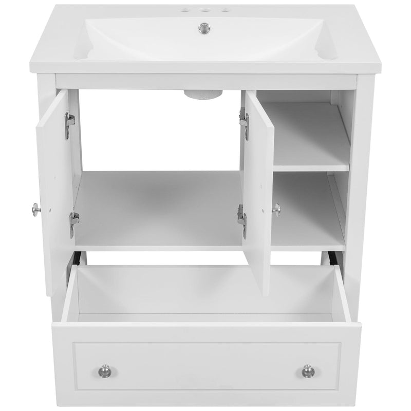 [VIDEO] 30" Bathroom Vanity with Sink, Bathroom Storage Cabinet with Doors and Drawers, Solid Wood Frame, Ceramic Sink, White - Supfirm