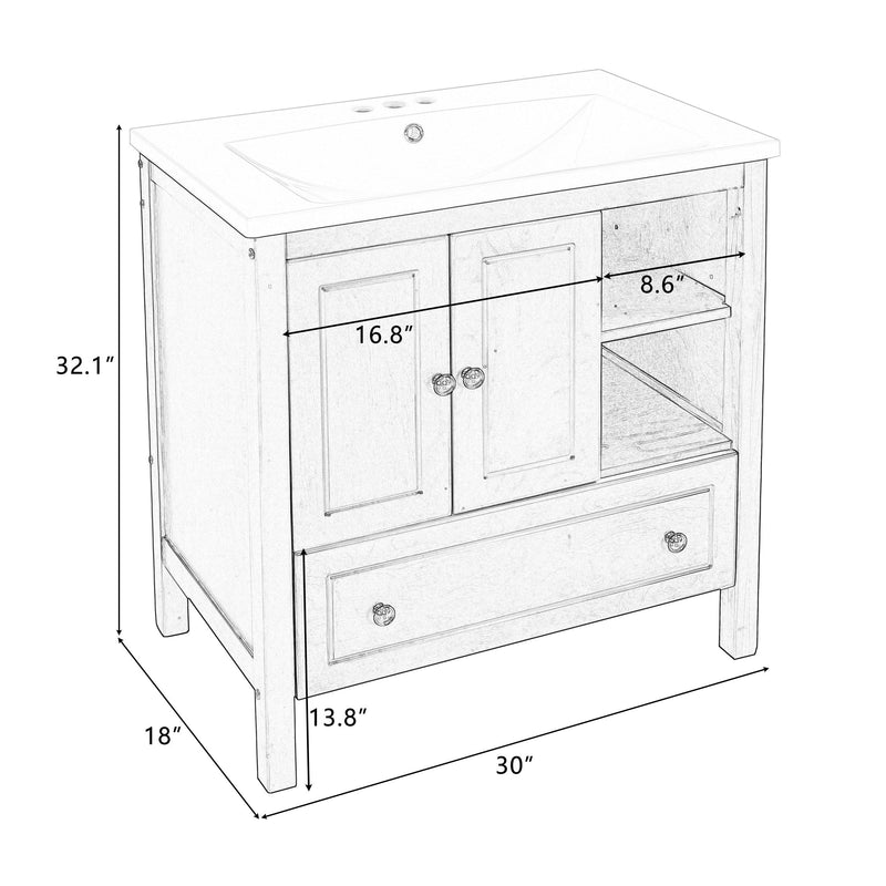 [VIDEO] 30" Bathroom Vanity with Sink, Bathroom Storage Cabinet with Doors and Drawers, Solid Wood Frame, Ceramic Sink, White - Supfirm