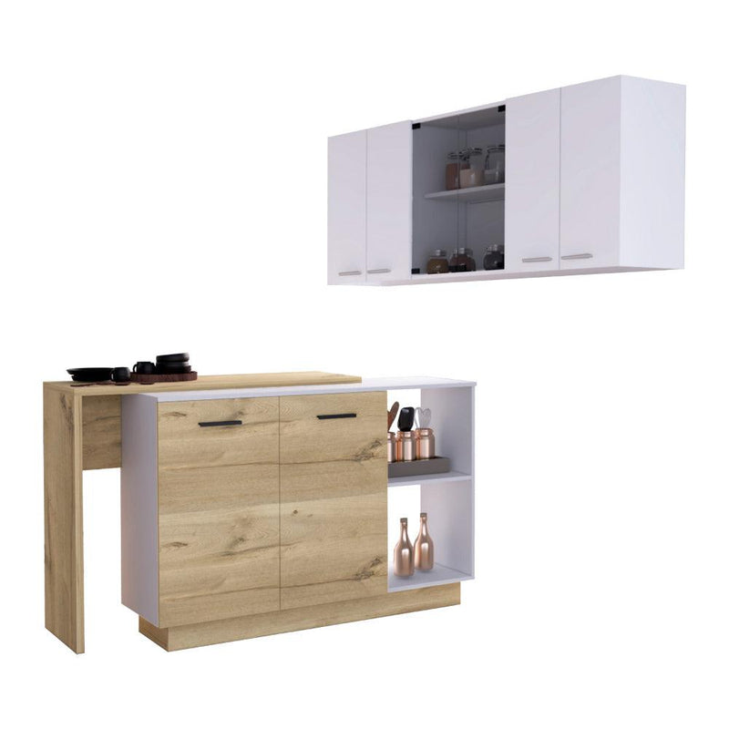 Washington 2-Piece Kitchen Set, Kitchen Island and Wall Cabinet, White and Light Oak - Supfirm