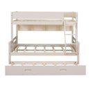 Wood Twin over Full Bunk Bed with Storage Shelves and Twin Size Trundle, Cream - Supfirm