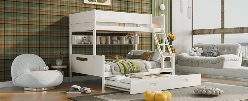 Wood Twin over Full Bunk Bed with Storage Shelves and Twin Size Trundle, Cream - Supfirm