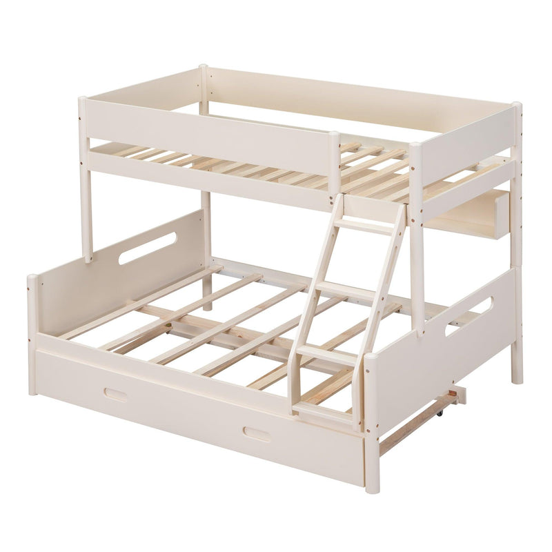 Wood Twin over Full Bunk Bed with Storage Shelves and Twin Size Trundle, Cream - Supfirm