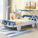 Wood Twin Size Car Bed with Ceiling Cloth, Headboard and Footboard, White+Blue - Supfirm