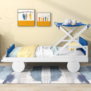 Wood Twin Size Car Bed with Ceiling Cloth, Headboard and Footboard, White+Blue - Supfirm