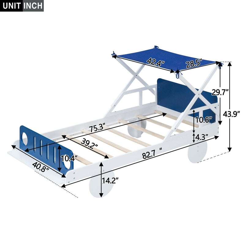 Wood Twin Size Car Bed with Ceiling Cloth, Headboard and Footboard, White+Blue - Supfirm