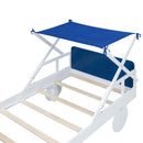 Wood Twin Size Car Bed with Ceiling Cloth, Headboard and Footboard, White+Blue - Supfirm