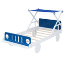 Wood Twin Size Car Bed with Ceiling Cloth, Headboard and Footboard, White+Blue - Supfirm