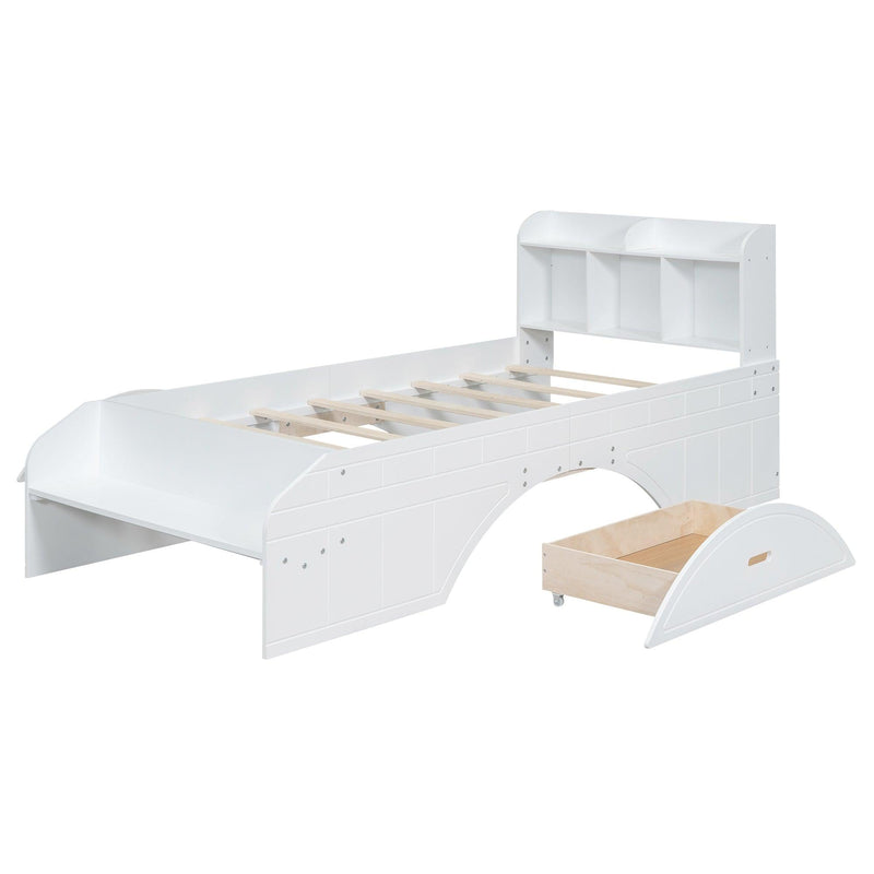 Wood Twin Size Platform Bed with 2 Drawers, Storage Headboard and Footboard, White(Expected Arrival Time: 1.28) - Supfirm