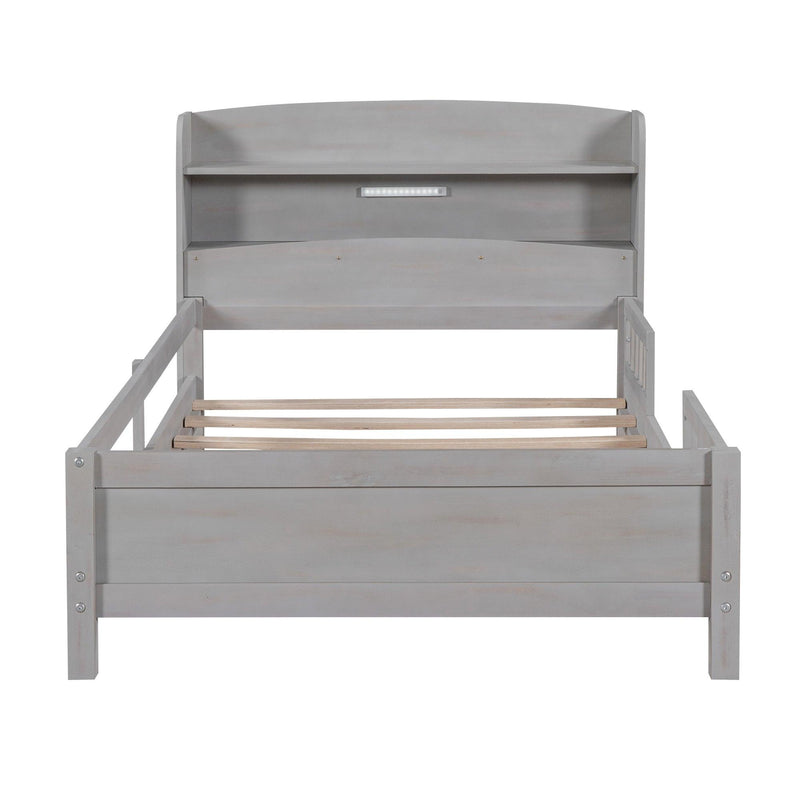 Wood Twin Size Platform Bed with Built-in LED Light, Storage Headboard and Guardrail, Antique Grey - Supfirm