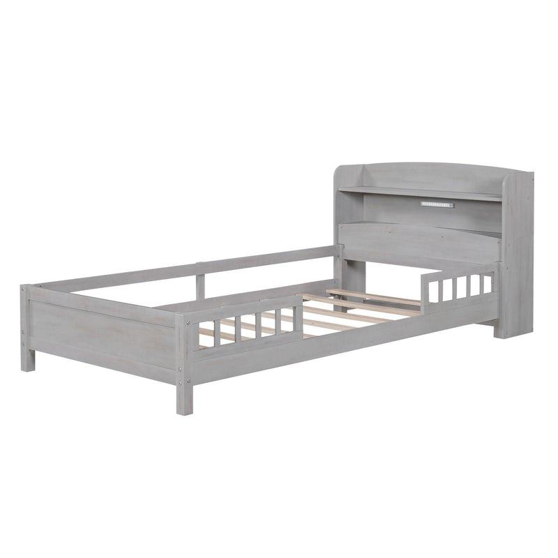 Wood Twin Size Platform Bed with Built-in LED Light, Storage Headboard and Guardrail, Antique Grey - Supfirm