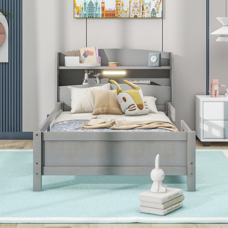 Wood Twin Size Platform Bed with Built-in LED Light, Storage Headboard and Guardrail, Antique Grey - Supfirm