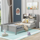 Wood Twin Size Platform Bed with Built-in LED Light, Storage Headboard and Guardrail, Antique Grey - Supfirm