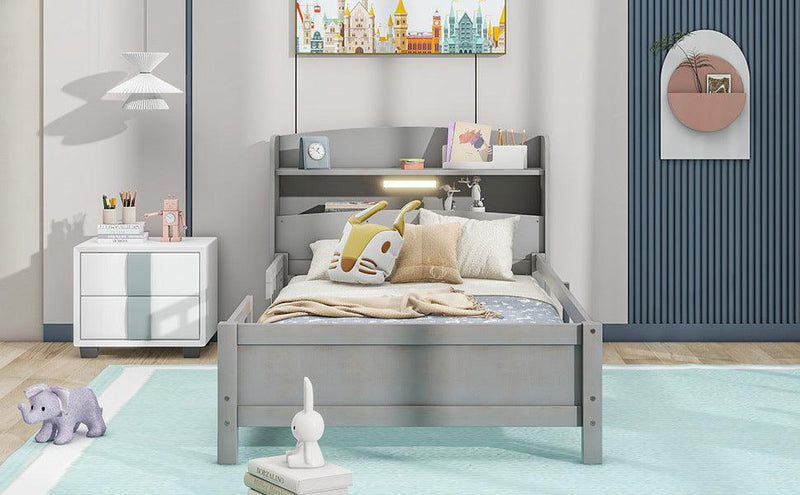 Wood Twin Size Platform Bed with Built-in LED Light, Storage Headboard and Guardrail, Antique Grey - Supfirm