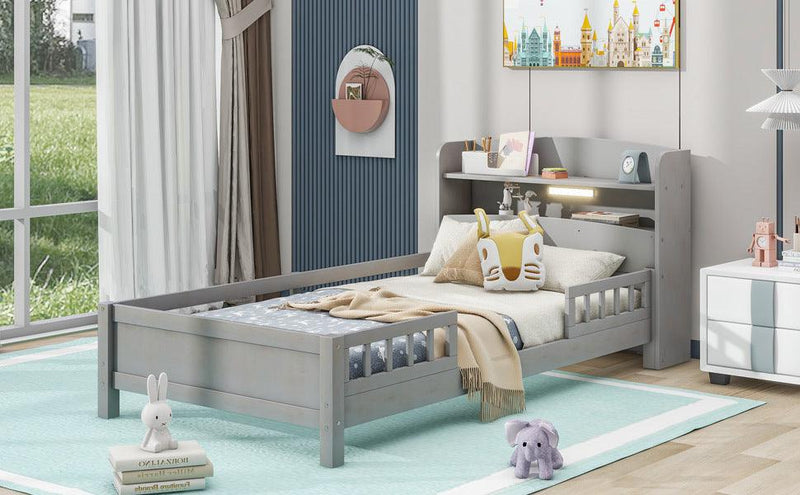 Wood Twin Size Platform Bed with Built-in LED Light, Storage Headboard and Guardrail, Antique Grey - Supfirm