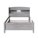 Wood Twin Size Platform Bed with Built-in LED Light, Storage Headboard and Guardrail, Antique Grey - Supfirm