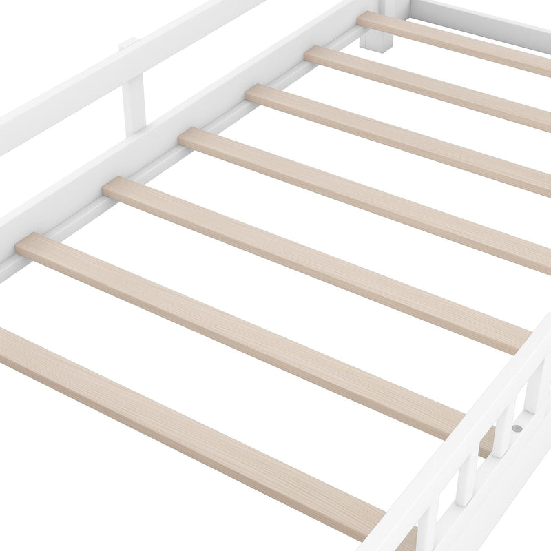 Wood Twin Size Platform Bed with Built-in LED Light, Storage Headboard and Guardrail, White - Supfirm