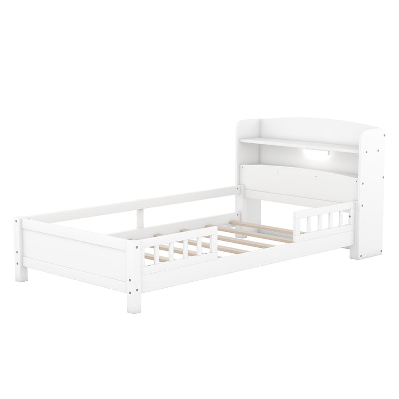 Wood Twin Size Platform Bed with Built-in LED Light, Storage Headboard and Guardrail, White - Supfirm