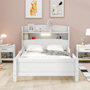 Wood Twin Size Platform Bed with Built-in LED Light, Storage Headboard and Guardrail, White - Supfirm