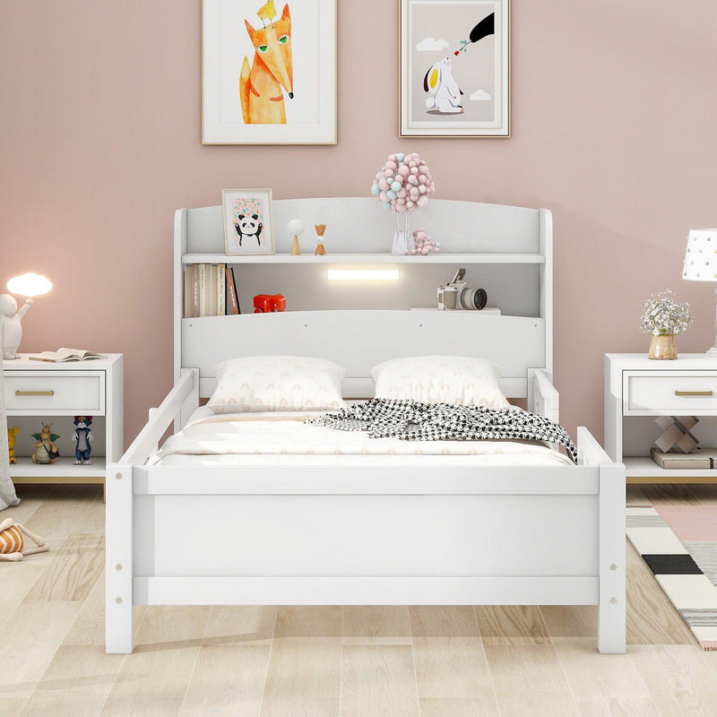 Wood Twin Size Platform Bed with Built-in LED Light, Storage Headboard and Guardrail, White - Supfirm