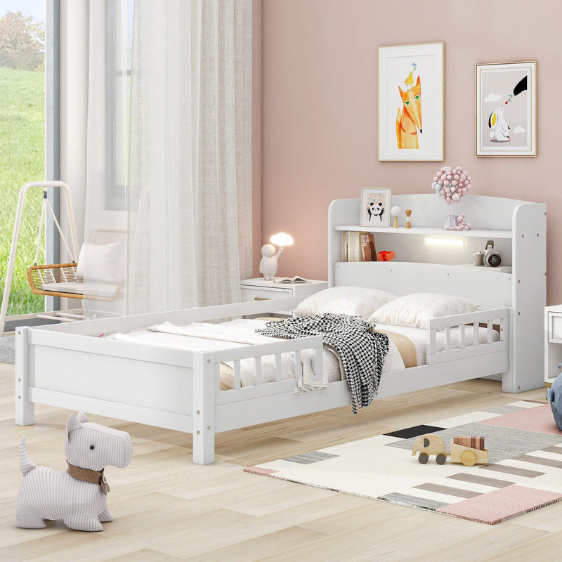 Wood Twin Size Platform Bed with Built-in LED Light, Storage Headboard and Guardrail, White - Supfirm