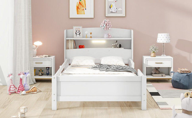 Wood Twin Size Platform Bed with Built-in LED Light, Storage Headboard and Guardrail, White - Supfirm