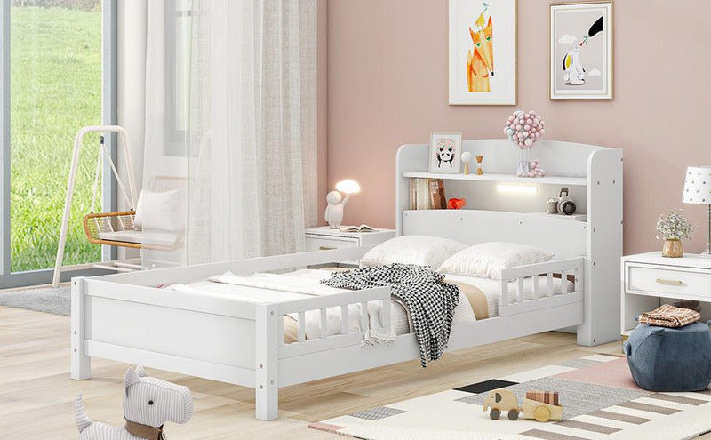 Wood Twin Size Platform Bed with Built-in LED Light, Storage Headboard and Guardrail, White - Supfirm