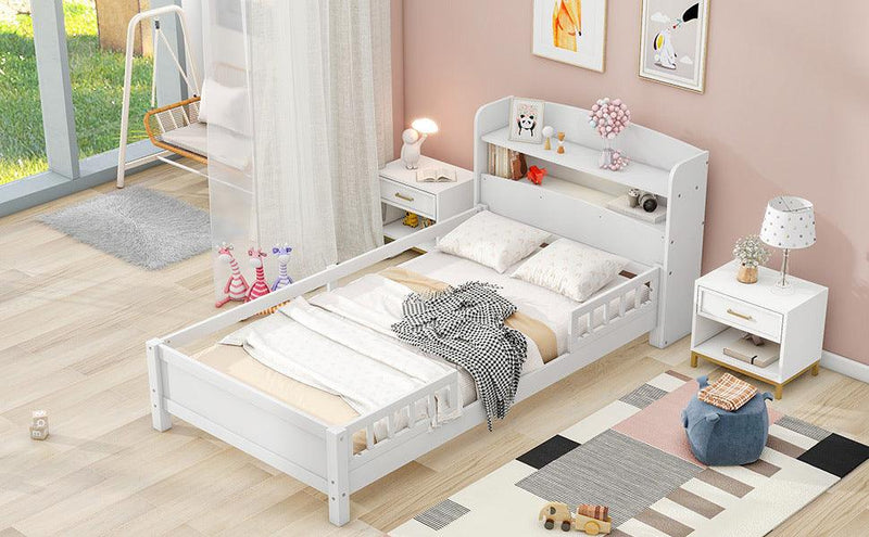 Wood Twin Size Platform Bed with Built-in LED Light, Storage Headboard and Guardrail, White - Supfirm