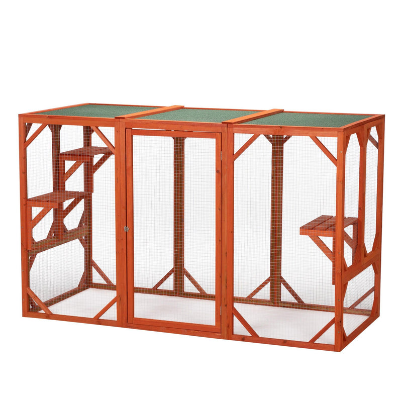 Wooden Cat House, Outdoor Cat Cage with Water-proof Asphalt Planks and Cat Perches, Orange - Supfirm