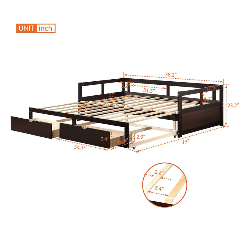 Wooden Daybed with Trundle Bed and Two Storage Drawers , Extendable Bed Daybed,Sofa Bed for Bedroom Living Room,Espresso - Supfirm